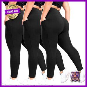 3 Pack Plus Size High Waisted Leggings with Pockets Tummy Control Yoga Pants